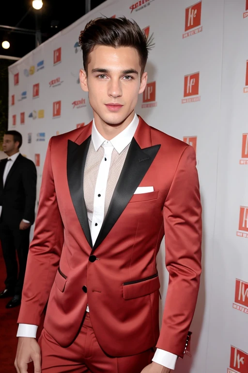 Young cute handsome skinny white face beautiful soft skin shirtless in suit on a red carpet wearing jacket with mesh criss-cross bustier