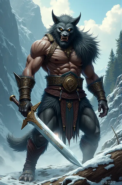 Create a half-werewolf manhwa viking warrior who uses a sword 