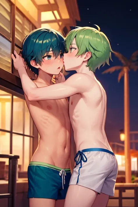 2 boy ,green hair ,blue eyes ,swim trunks ,beach ,night ,kissing ,high quality ,masterpiece ,blushing  