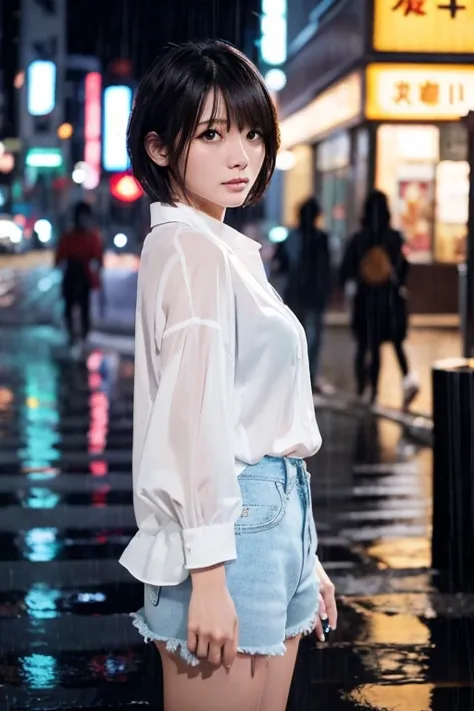 Beautiful woman、Japanese、Standing in the city at night、Heavy rain、White blouse、Shorts、short hair、My hair and blouse are very wet、A cold look、Photorealistic、High definition