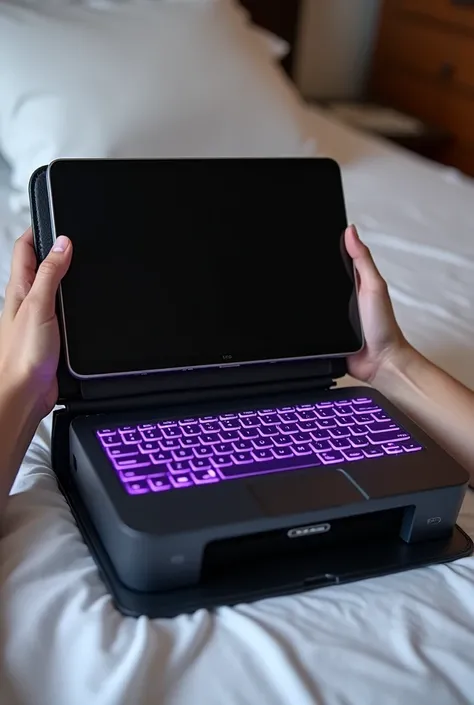 A black leather portfolio,A tablet is held at the head of the bed, It also has a purple keyboard and has a printer on the bottom in the leather.,All in one.