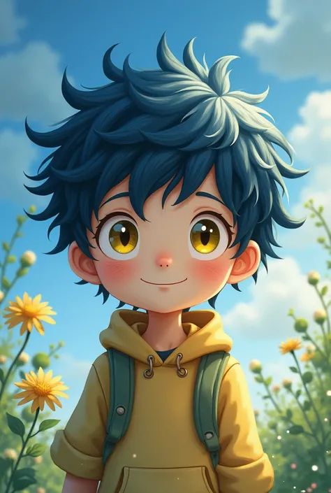 (((ghibli style))) a boy with navy blue hair and yellow eyes making a cute face
