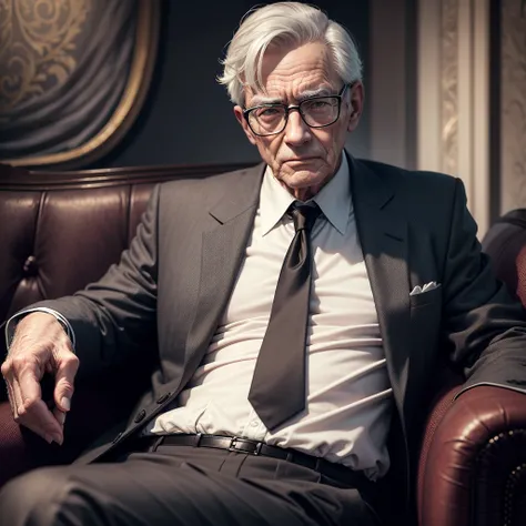 an elderly man adult sexy, tie, wearing glasses and black hair, sitting on a sofa in a house, detailed portrait, photorealistic, 8k, ultra-detailed, masterpiece, dramatic lighting, cinematic, Cold color tones, high quality