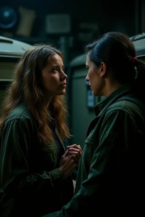 A woman with brown hair talking worriedly with another woman inside a military truck at night 