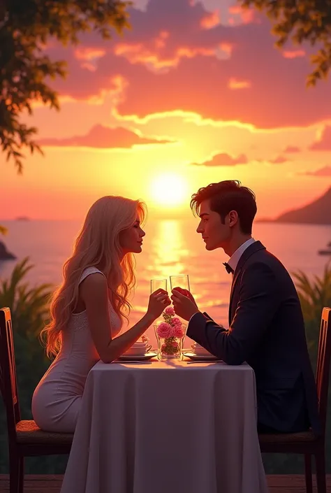 Couple of husband, she with blonde hair and the gentleman with dark hair under a beautiful sunset having dinner