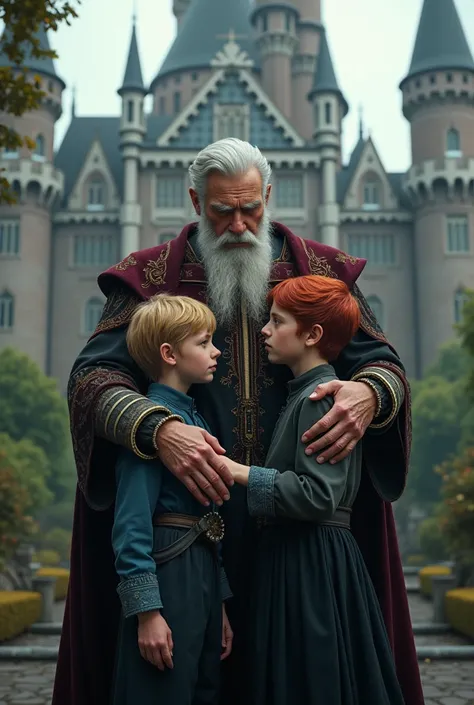 65 year old man, wardrobe of a king ,with a beard hugging two 16-year-old boys, A redhead in a black dress and green eyes, the other blonde with brown eyes and blue clothes. Princess , background of a princess castle, sad