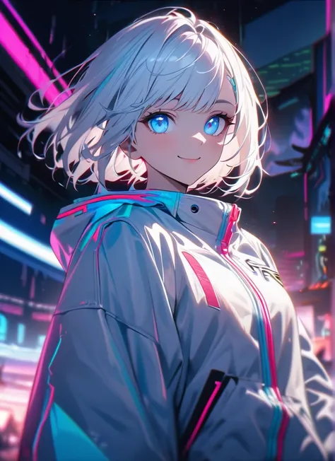 cyber punk,White Hair,蛍光のWhite Hair,Fluorescent blue eyes,cyber punkな背景,Blurred Background,White jacket,Rainbow High Resolution, High detail, Ultra high definition, ((Glowing blue eyes)),Character portrait, Wide-angle shot, smile,((whole body))