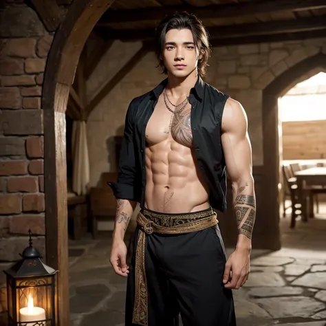 1 young man, brunette skin, medium hair, open shirt, exposed chest, defined muscles, tribal tattoo on the arm, long pants, booties, greeneyes, fully body, medieval village 