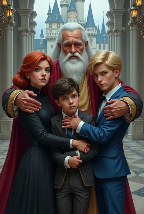 65 year old man, wardrobe of a king ,with a beard hugging two 16-year-old boys, A young redhead in a black dress and green eyes, the other young blonde with brown eyes wearing a blue pantsuit, Princess , background of a princess castle, sad