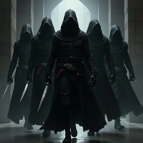 Imperial Assassin Unit, a group with several murderers, Their armor is light and tight fitting. (Black color). Instill fear, Everyone has a dagger in their hands, Each one is in a different position, They all have hoods and capes