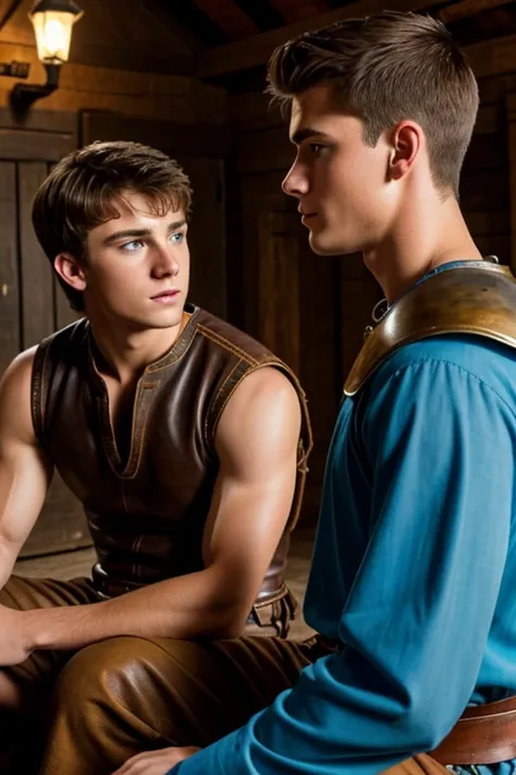 Photo-realistic. A pleased, 16-year-old, handsome, muscular Caucasian man with fade-cut, brown hair, and blue eyes, wearing shabby, sleeveless, leather armor, with metal shoulder guards, boasting, as he tells a dramatic story to a 15-year-old, lean, Caucas...