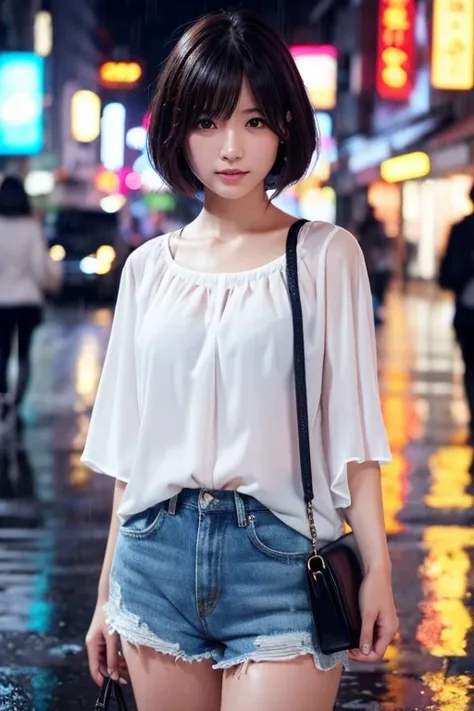 Beautiful woman、Japanese、Standing in the city at night、Heavy rain、White blouse、Shorts、short hair、Your hair and blouse are very wet、A lonely look、Photorealistic、High definition