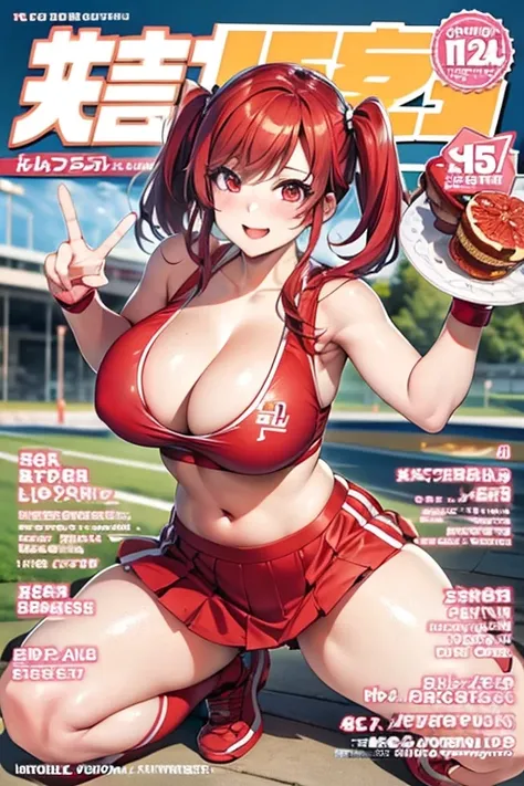 magazine cover, redhead, cheerleader outfit, sexy pose, big breasts, pigtails, smile
