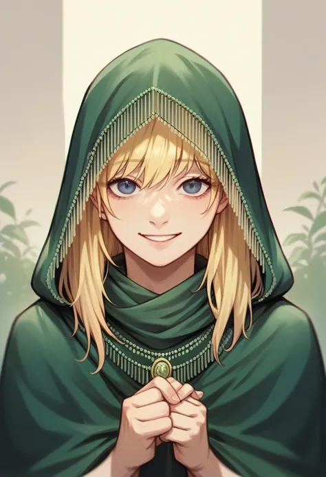 masterpiece:1.2, best quality, absurdres, fia_the_deatbed_companion, blonde hair, cloak, crouching, upper body, detailed face, face focus, looking at viewer, gentle smile, holding her son