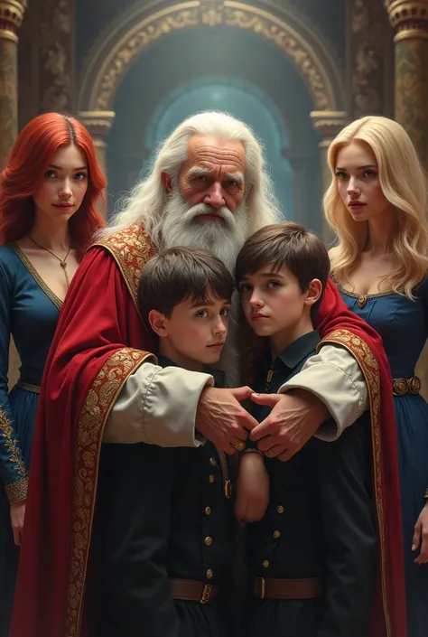 65 year old man, wardrobe of a king ,with a beard hugging two 16-year-old boys, A young redhead in a black dress and green eyes, the other young blonde with brown eyes wearing a blue pantsuit, Princess , background of a princess castle