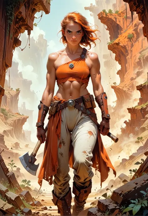 axe-spire dusty brown orange woman standing on the edge of horizon looking at the viewer, sci fi art style of the masters,