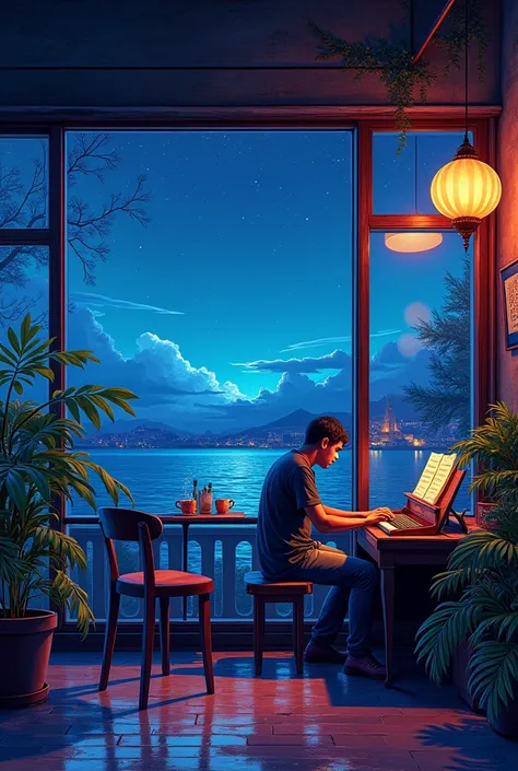 A cafe where piano jazz plays， dream, please wear headphones, night light, Neon landscape on a rainy day, analog color theme, lo-fi hip hop , retrospective, flat, 2.5D ,Draw a line, ink painting, Osaka road, watercolor painting, gouache color, studio ghibl...