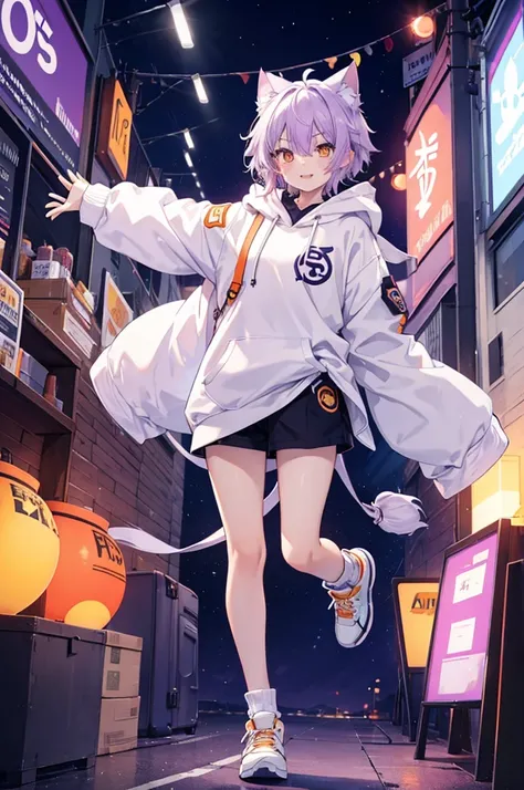 Full body portrait，boy，Light purple hair，Orange Eyes，Cat ear，，Around 16 years old，White hoodie outfit，Mouth open，smile，Moe sleeves，Gaos Pose