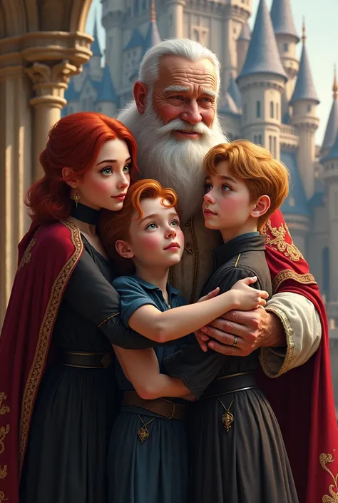 65 year old man, wardrobe of a king ,with a beard hugging two 16-year-old boys, A redhead in a black dress and green eyes, the other young blonde with brown eyes in blue clothes in blue clothes,Princess , background of a princess castle