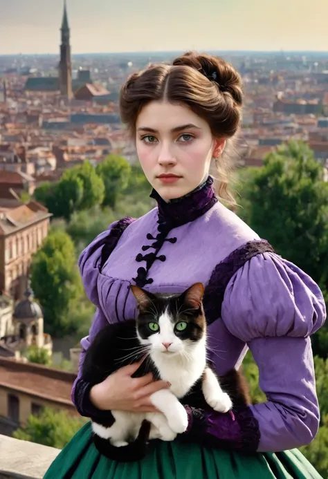 A 20-year-old woman with a hard and cold character, Brown hair updo and locks of hair, purple victorian era dress,green eyes, carrying a cat: black with white, In the background the city of Toulouse, 1880s