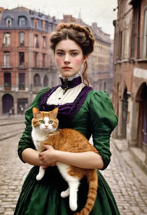 A 20-year-old woman with a hard and cold character, Brown hair updo and locks of hair, purple victorian era dress,green eyes, carrying a cat: black with white, In the background the city of Toulouse, 1880s