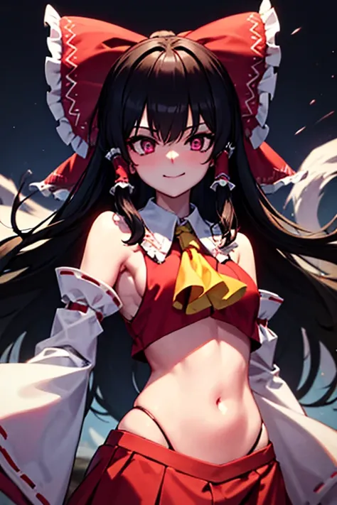 On a dark road at night, a gravure idol with purple eyes, Reimu, smiles devilishly and casts purple-pink chains of submission magic all over the place, controlling a black female monster.