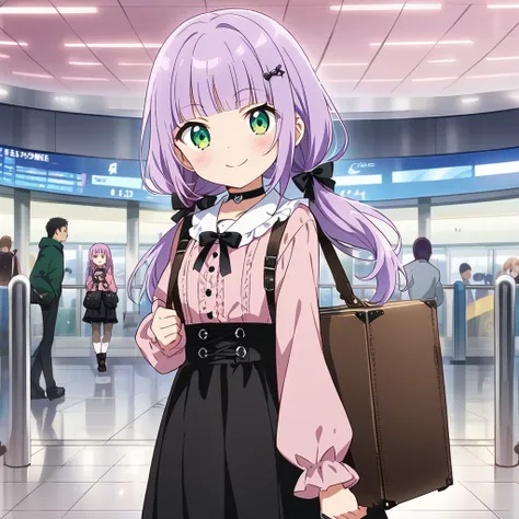 A girl, (a girl with closs hair pin, looking at viewer. Light purple hair, low twintail hair, blunt bangs,smiling face, green eyes. closs hair pin, pink shirt, cosplay, jirai kei, bangs, black skirt, black bow, looking at viewer, bow, long sleeves, choker,...