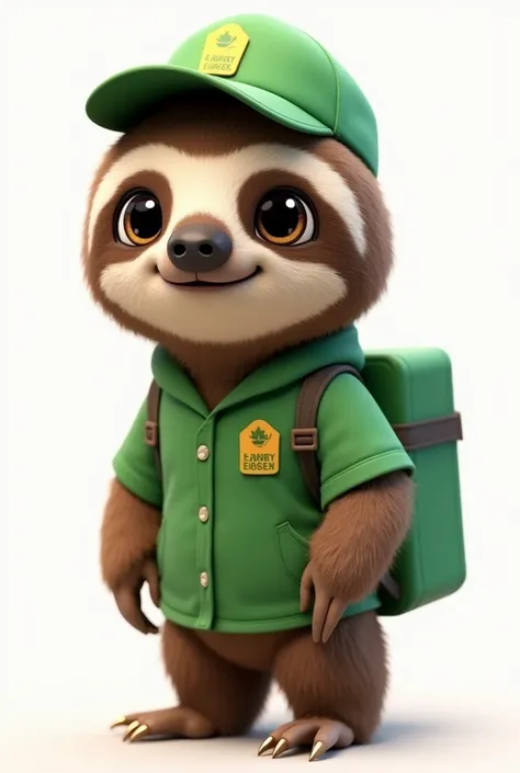 Hello, please help me create a Pixar-style sloth., The bear has a grass-green uniform, looks cute and has a green delivery hat, is looking straight ahead on a white background