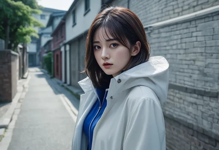 walking South korea women mystery hooded on with modern royal Blue coat with buttons and royal Blue cape and very high white heel over the knee and white gloves, As she reveals a small secret hidden blade, blood stain on her,adding to the character’s myste...