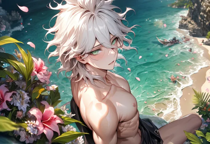 Ultra detailed, HDR, Highres, absurdres, master piece, Komaeda Nagito, white hair, expressive gray-green eyes, without shirt, bare chest, toned chest, Danganropa, sexy man, handsome, flowers, petals, fantasy, magical, green leaves, handsome, best quality, ...