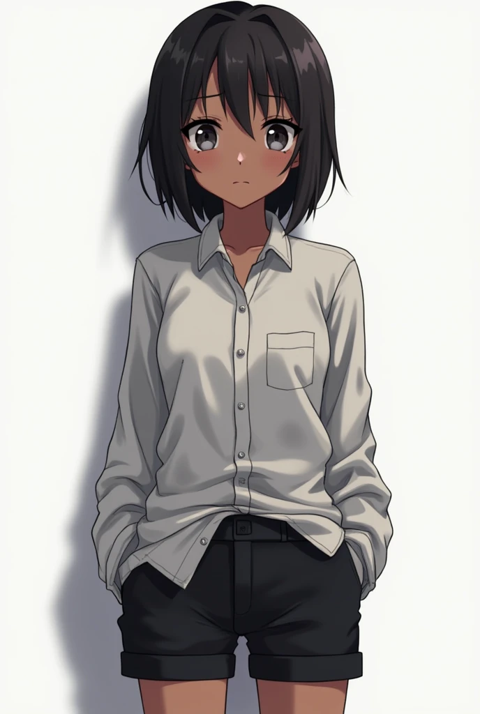 anime girl, dark-skinned, dressed in a long men&#39;s shirt, and some black shorts