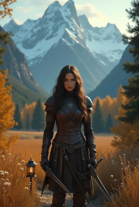 Skyrim style, brunette, looking at viewer, honey eyes, mountains, autumn, snowing, trees, lantern, sword, armor, leather, flowers, aurora, wheat, moon