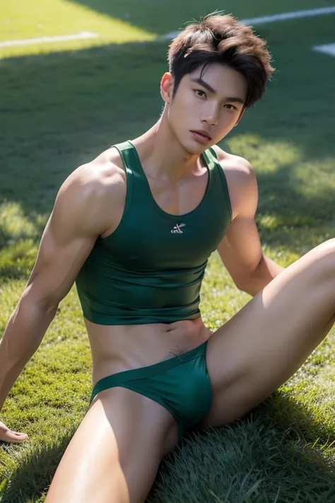 Create a 64k virtual reality photo of a football field background, beautifully manicured green grass, gentle warm morning sunlight, quiet, low angle portrait of a Thai-Chinese male teenager, handsome and dark, fine tanned skin, short haircut, well-proporti...