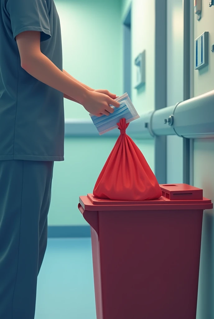 A person in a hospital throwing away their mask into a container with a red bag.