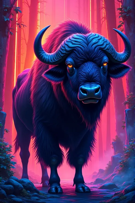 A poster with an illustration of a buffalo in neon colors