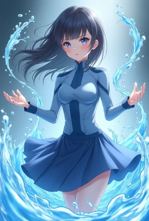 A white and gentle anime girl in a blue battle suit, a dark blue skirt, and controlling the water around him with his hands