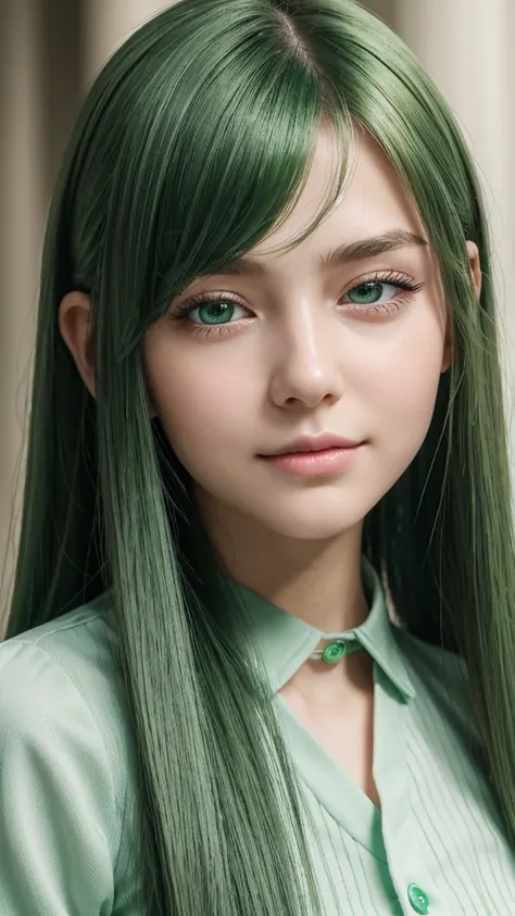 a girl, european, extremely detailed face, oval face, delicate facial features, charming and extremely detailed half-closed eyes, green eyes, long straight and very thick hairstyle, green hair, cheerful mood, soft and gentle expression