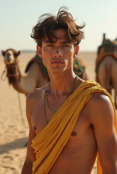 Young cute handsome beautiful face skinny white beautiful soft skin shirtless in a desert with a camel dressed in golden arabic