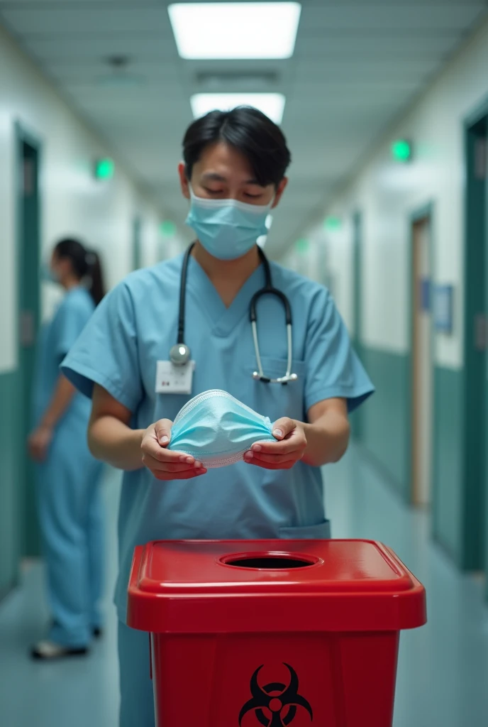 A person in a hospital disposing of their mask into a red bin.