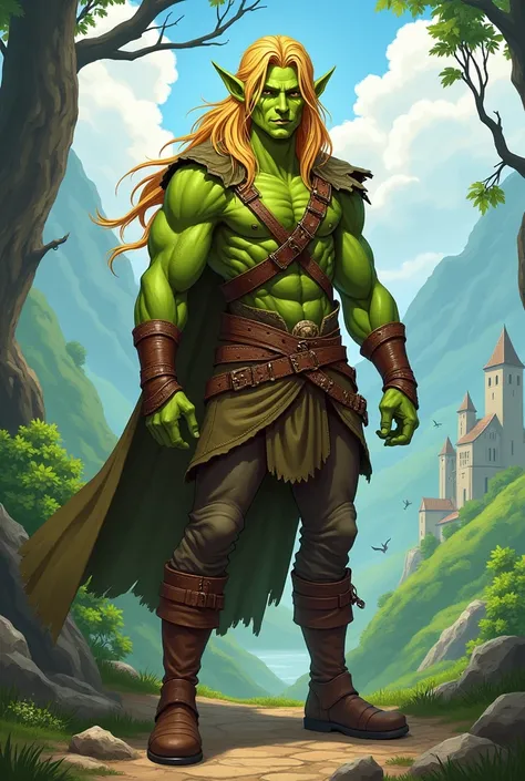 Green Elf Man with long blond hair and leather outfit 2D game style