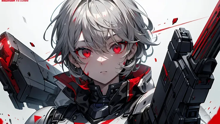 Handgun、((Aim the gun at the camera))、((Upper Body))、((Gray Hair))、((Photograph from the front))、(((((gun))))),((((Pointing the gun this way))))（Covered in blood）、Clothes full of scratches、((Scarred Face))、Red-black eyes、Detailed eyes、Scorched black clothe...