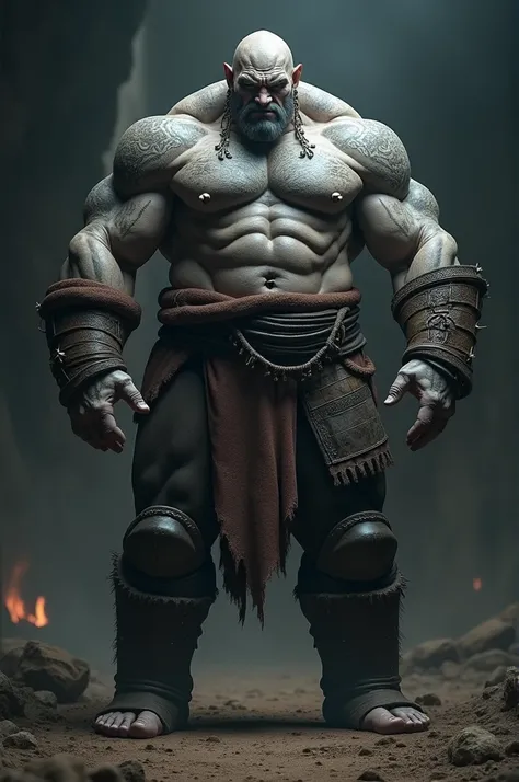 Male goliath ((tall, strong, muscular)), fierce expression, adorned with ((earrings)), rugged gray skin etched with intricate ((tattoos)), prominent scar along face and arms, clad in detailed ((full plate armor)), set against a dramatic, shadowy background...