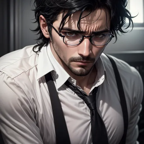 a man with messy black hair, wearing glasses, a white shirt, and a tie, looking pitiful and unkempt, intricate details, realistic, high quality, cinematic lighting, dramatic contrast, muted colors, moody atmosphere, dramatic lighting