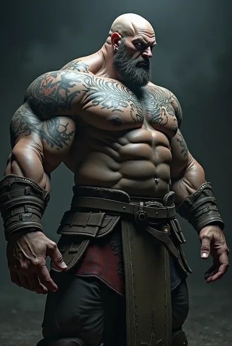 Male goliath ((tall, strong, muscular)), fierce expression, adorned with ((earrings)), rugged gray skin etched with intricate ((tattoos)), prominent scar along face and arms, clad in detailed ((full plate armor)), set against a dramatic, shadowy background...