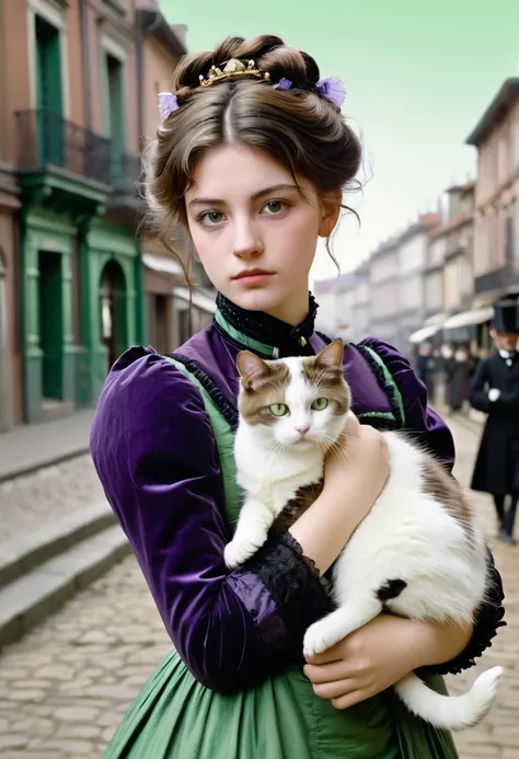 A 20-year-old woman with a hard and cold character, Brown hair updo and locks of hair, purple victorian era dress,green eyes, carrying a cat: black with white, In the background the city of Toulouse, 1880s