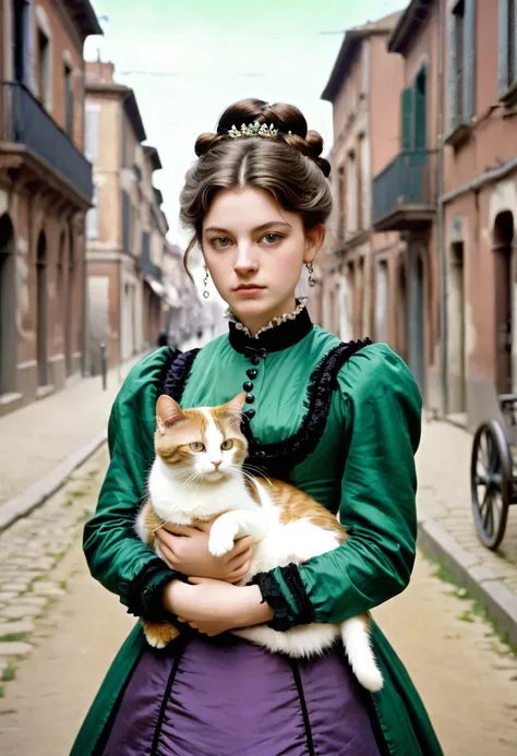 A 20-year-old woman with a hard and cold character, Brown hair updo and locks of hair, purple victorian era dress,green eyes, carrying a cat: black with white, In the background the city of Toulouse, 1880s