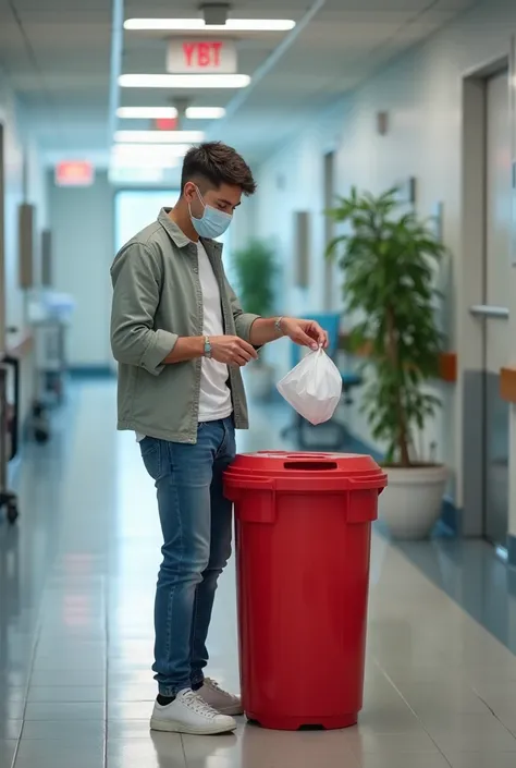 A person in street clothes taking off his mask in a hospital and disposing of that mask into a red bin.