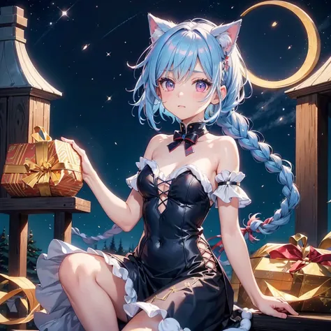 (Sky blue hair),(Braided Hair), (Pink Eyes),Fair skin) ,(whole body),(One Girl),(Gift boxes filling the background),(Santa Claus clothes),Santa Claus hat,(Christmas Party),(masterpiece, Highest quality, Very detailed, Best Shadow), (Detailed Background), (...