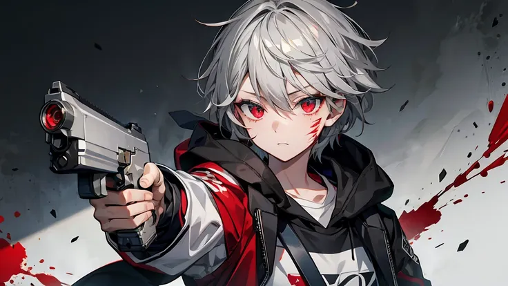 handgun、一つのhandgun、((aim the gun at the camera))、((upper body))、((gray hair))、((photograph from the front))、(((((gun))))),((((po...