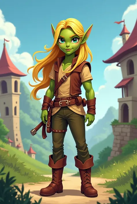 Green Elf Teen with long blonde hair and leather outfit in 2D game style